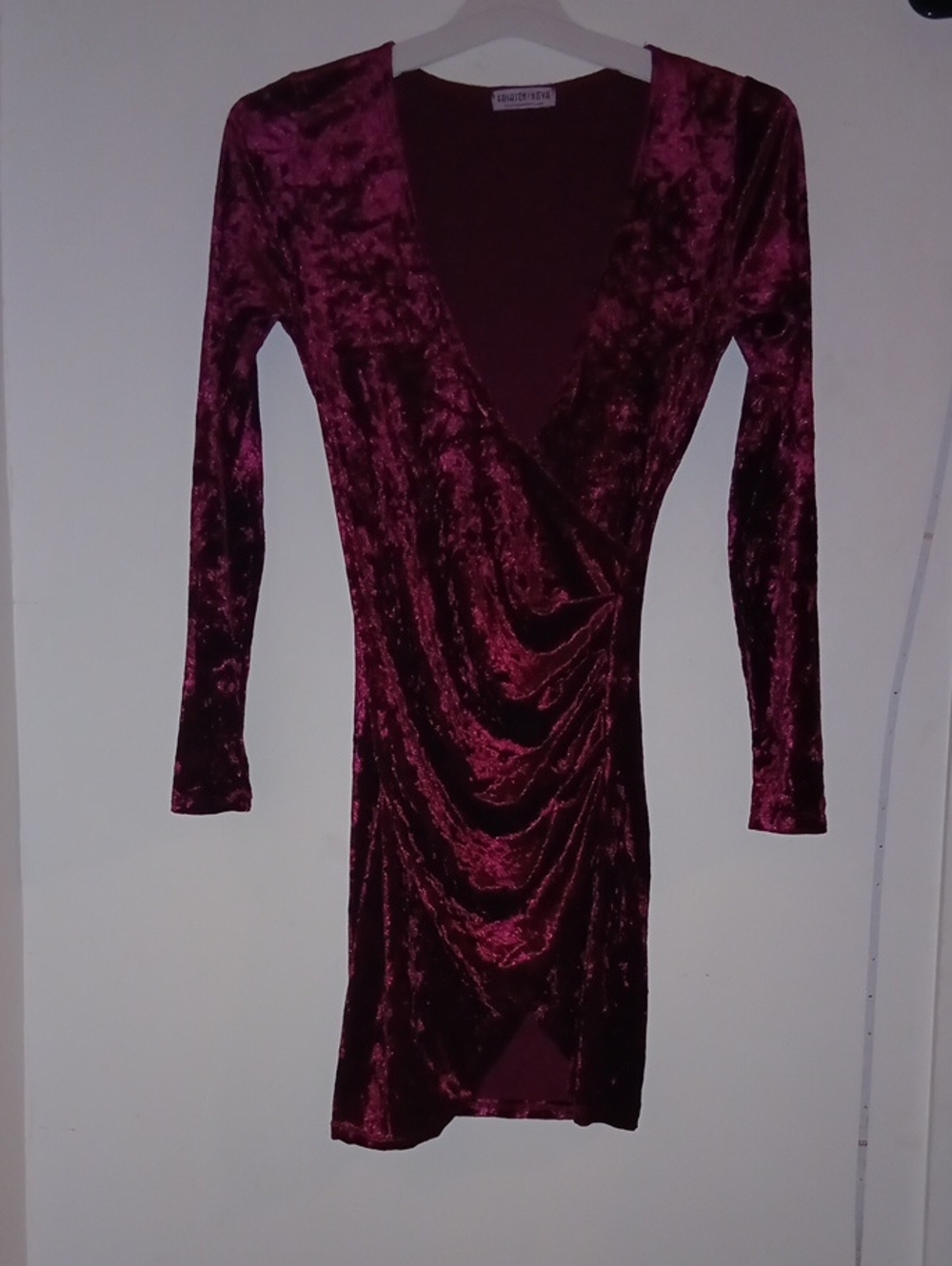Fashion Nova Wine Velvet Wrap-Front Long Sleeve Dress